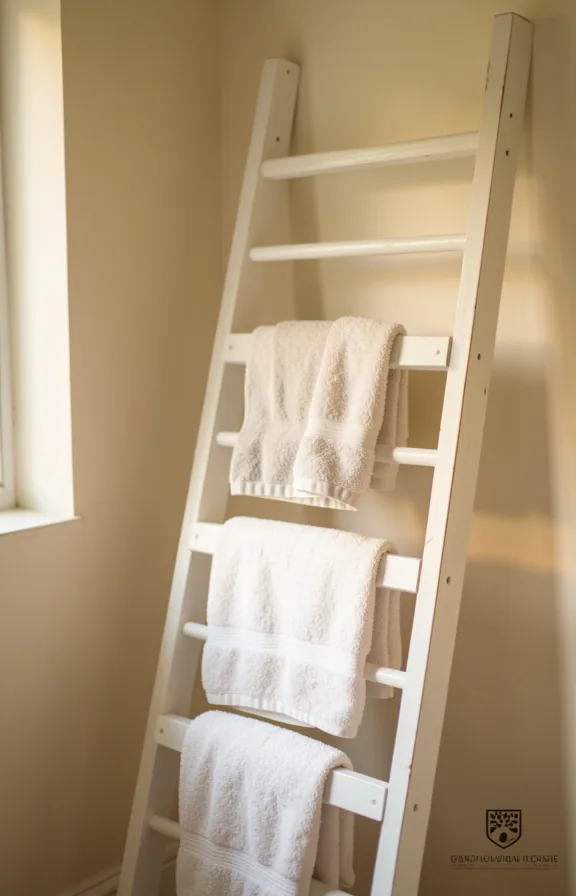 3/4 view of a narrow wooden ladder-style drying rack positioned in a corner