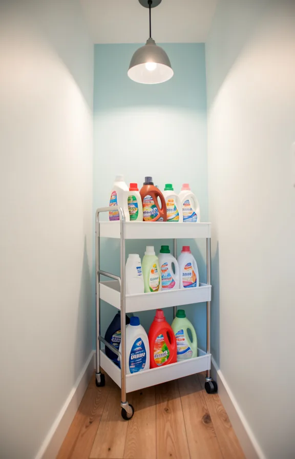 3/4 view of a narrow laundry corner featuring a white rolling caddy with three tiers