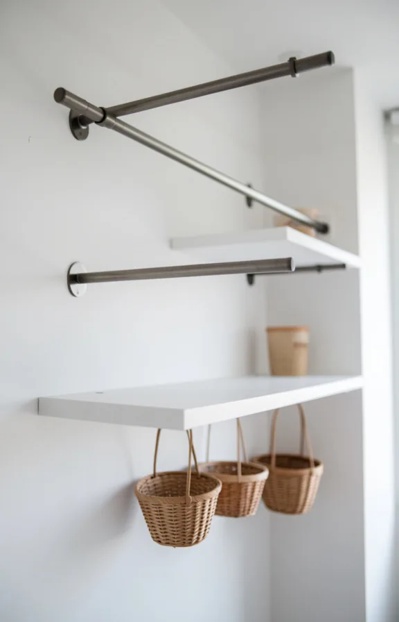 3/4 angle showing tension rods mounted horizontally on white walls creating shelf-like hanging space