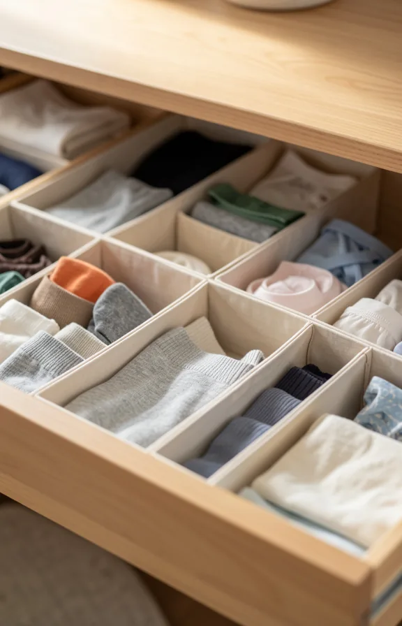 Medium view of a drawer interior divided into compartments with fabric organizers