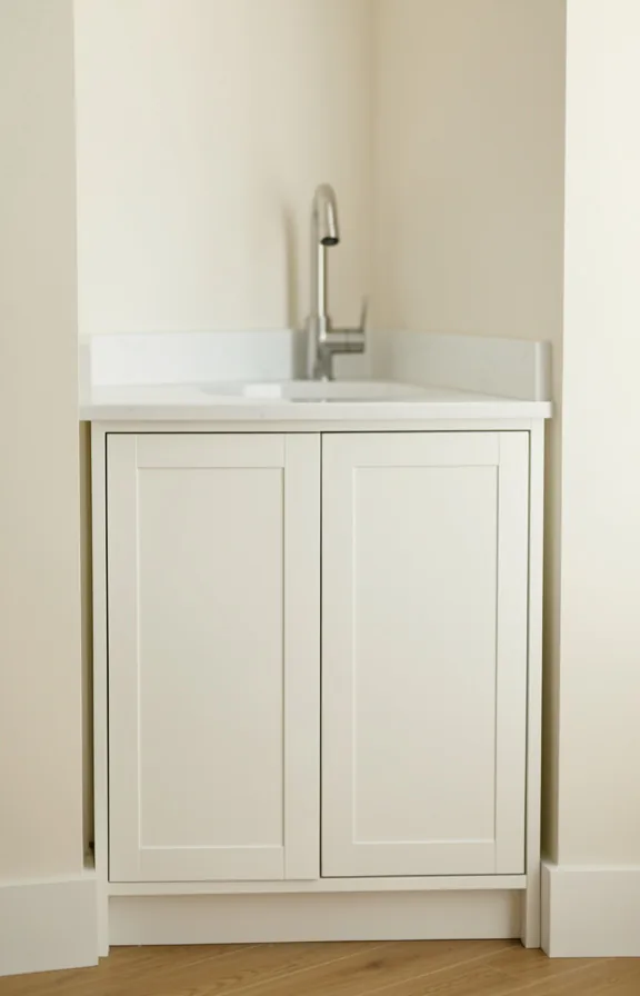 Medium angle of a compact utility sink cabinet in white