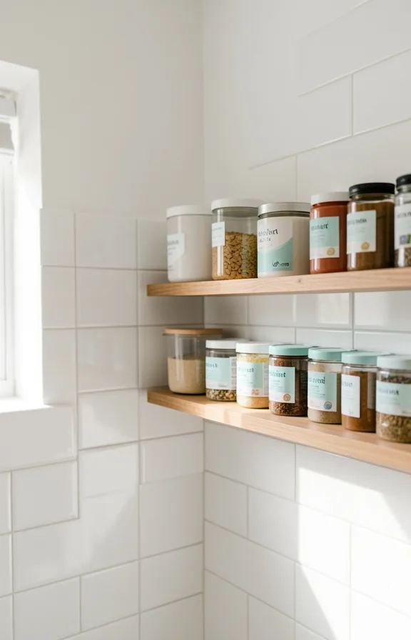 3/4 angle of a small wall section with magnetic spice jars repurposed for laundry supplies