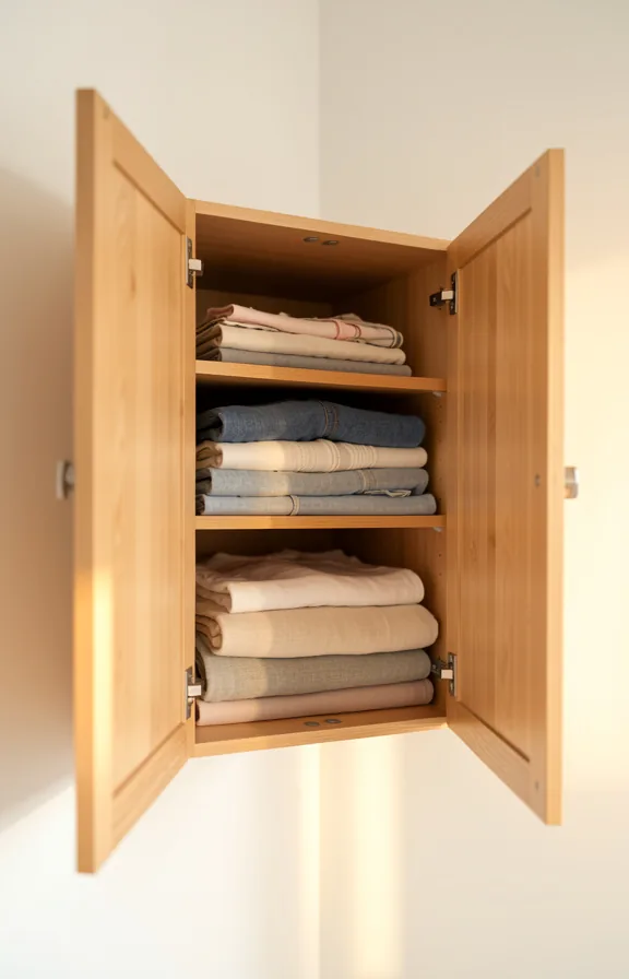 interior shelves stacked with folded clothes and linens