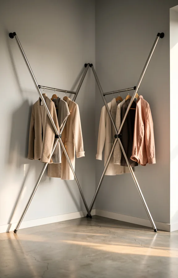 Medium shot of a corner space with two tension rods creating an X-frame for hanging clothes