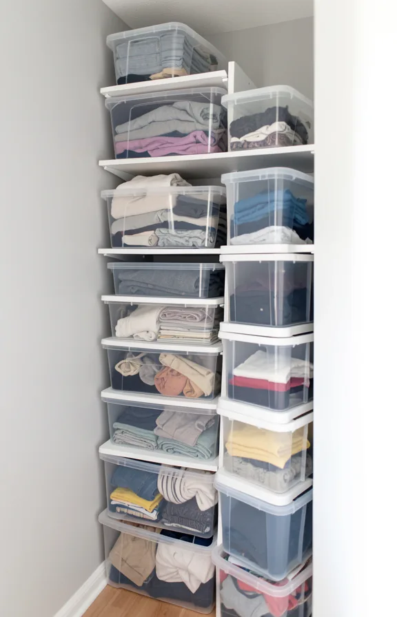 3/4 view showing a compact wall nook stacked with clear plastic bins in varying heights