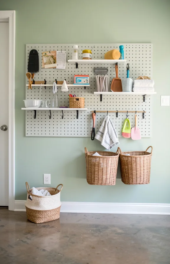 organized with hooks, shelves, and baskets for laundry tools