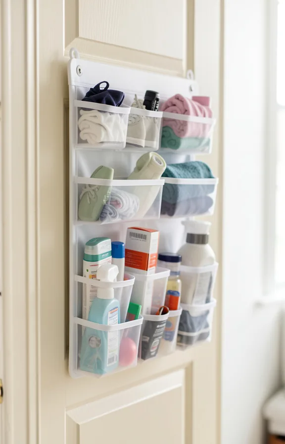 Medium angle view of a white over-door shoe organizer pocket system mounted on cream painted door