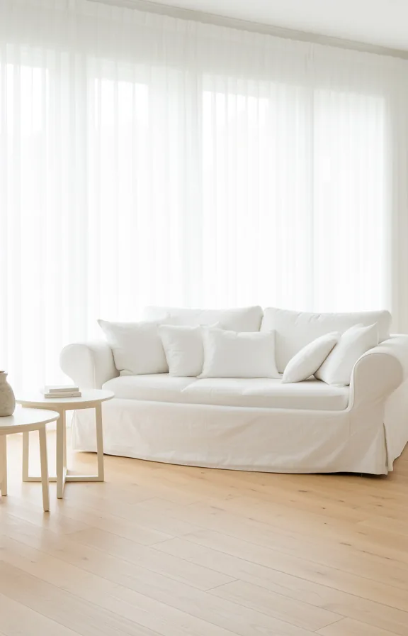 sheer curtains filtering soft morning light, pale wooden floorboards