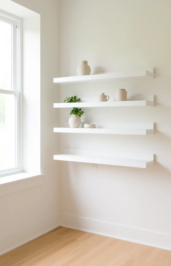 styled with minimal objects including pale ceramic pieces and single green plant