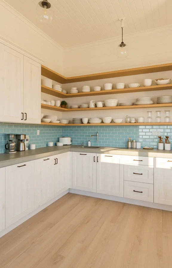 pale concrete countertops, light oak open shelving displaying white dishware