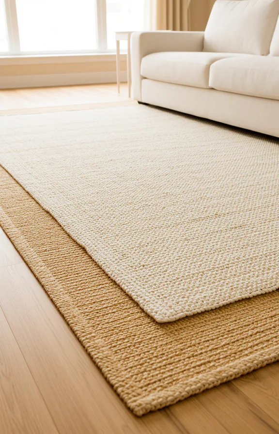 light wood flooring visible between layers, minimal furniture arrangement on rugs