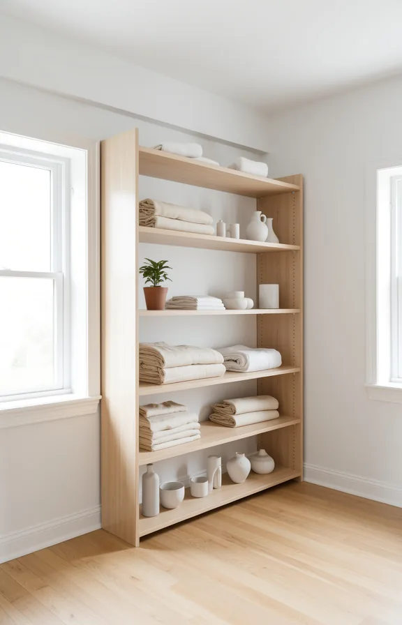 3/4 view of an open shelving bedroom wall system in pale wood