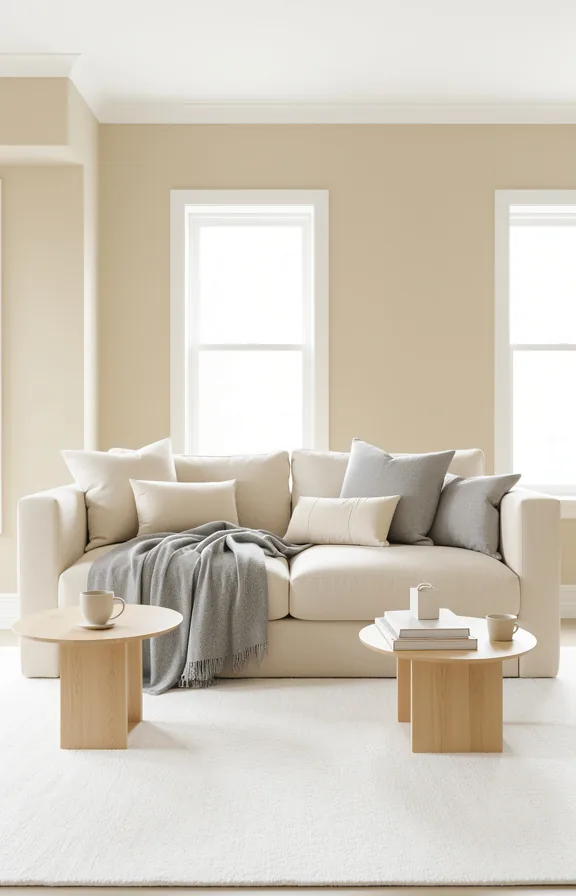light beige walls, cream sofa, pale wood side tables