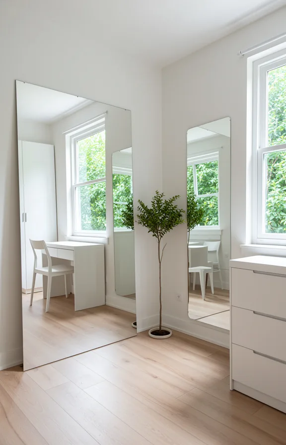 mirrors reflecting light and greenery, white walls, pale wood flooring