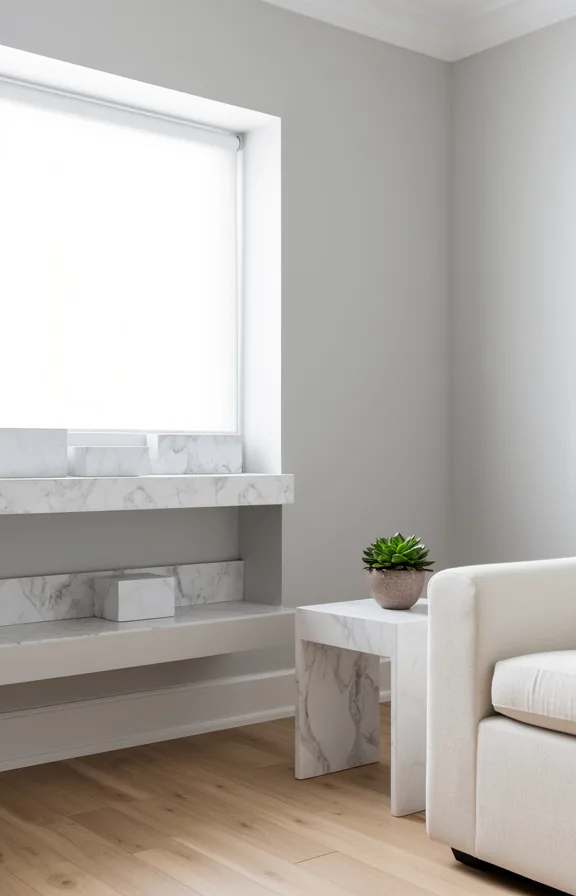 3/4 view of a living room styled with light marble accent pieces on floating shelf