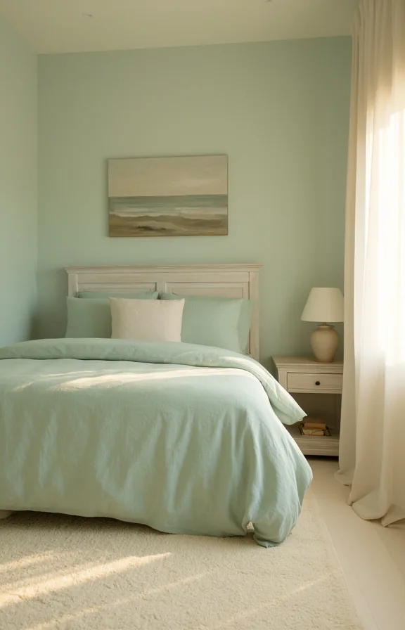 3/4 view of a pale seafoam bedroom with soft linen bedding