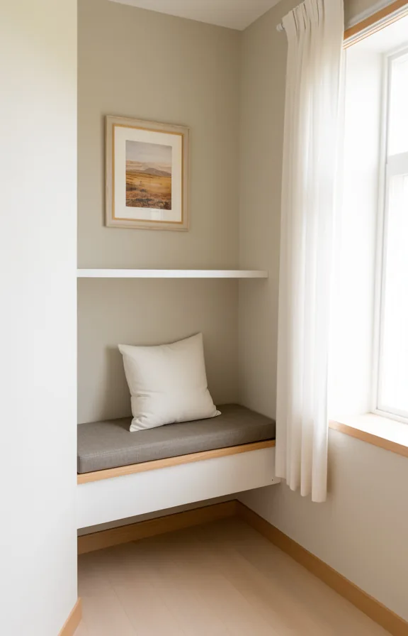 3/4 view of a small nook painted pale greige with white floating shelf