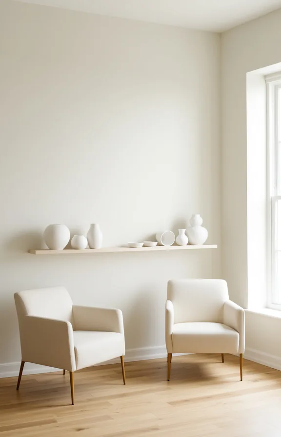 minimal white ceramic objects on single shelf, plenty of empty wall space