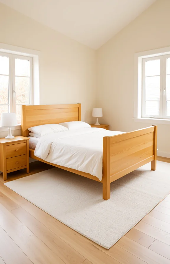 white bedding, pale wood flooring, pale walls, white area rug