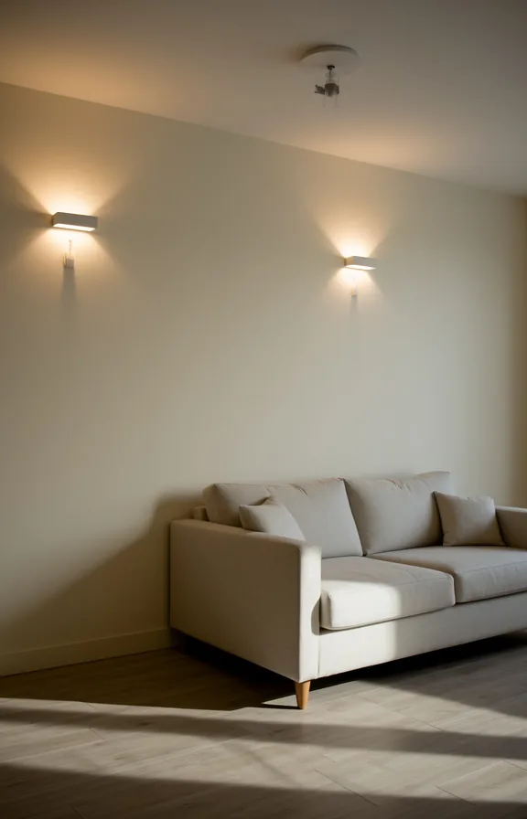 cream walls with subtle shadow play, pale sofa visible with soft cast shadows