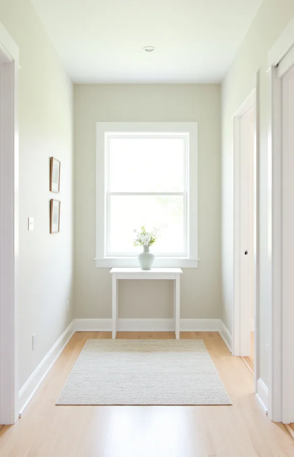 3/4 view of a bright summer entry foyer with pale painted walls