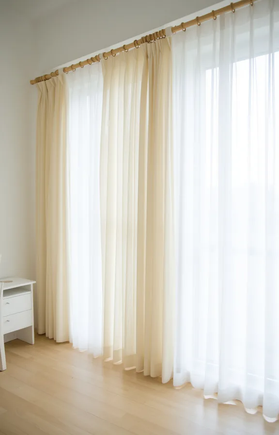 filtering soft morning sunlight into a minimal bedroom space
