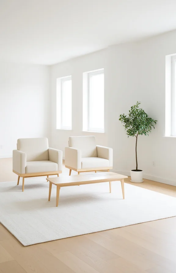 white area rug defining seating zone, low-profile light wood furniture arrangement