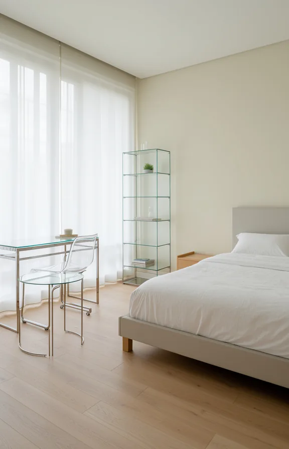 3/4 view of an airy bedroom with glass and metal side tables