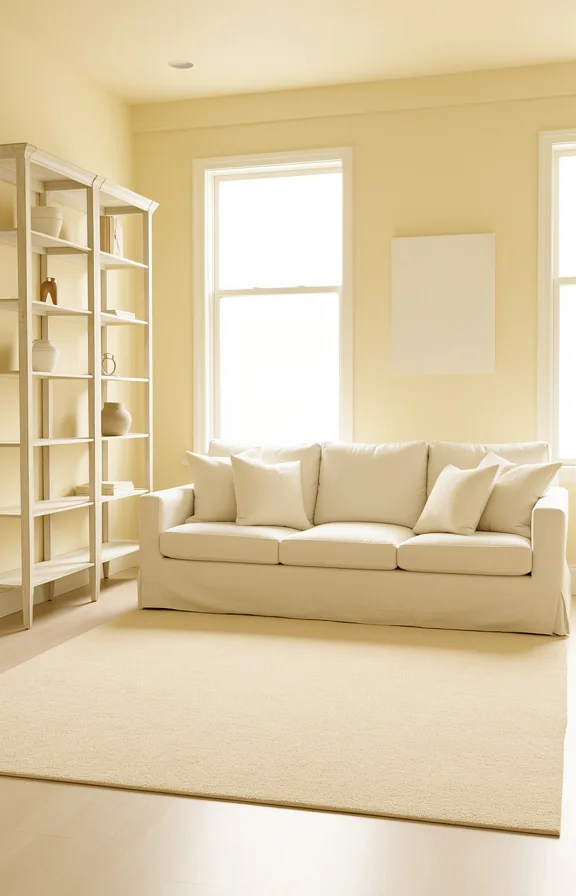 white linen sofa with throw pillows, cream area rug over pale flooring