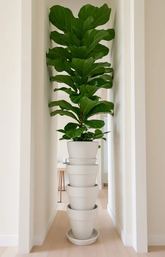 fiddle leaf fig reaching toward ceiling, stacked planters in white ceramic