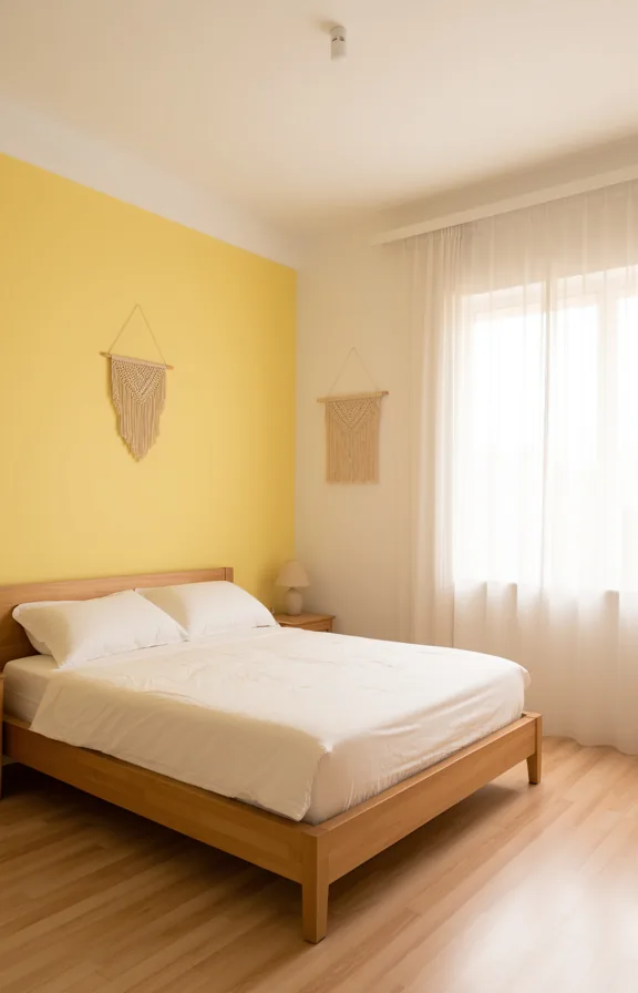 3/4 view of a bedroom with one pale yellow accent wall