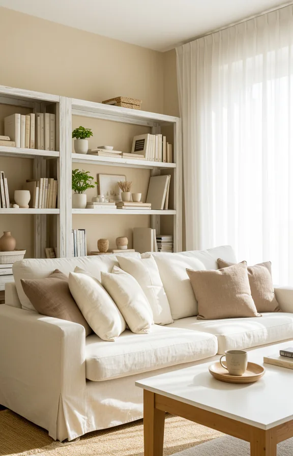 ivory linen sofa, pale beige walls, natural linen throw pillows in cream and taupe