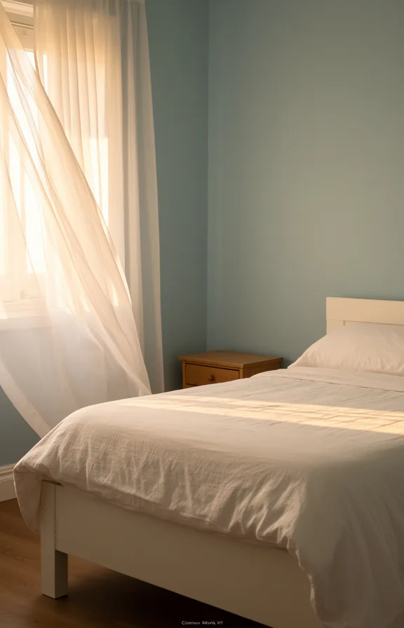 3/4 view of a bedroom with breezy white gauze curtains billowing slightly from open window
