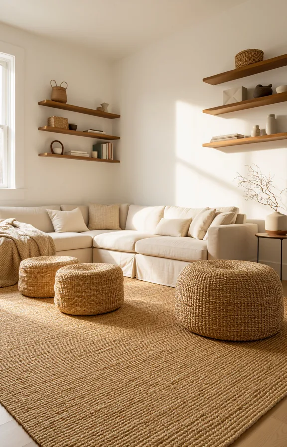 cream linen sofa, woven storage poufs, white painted walls