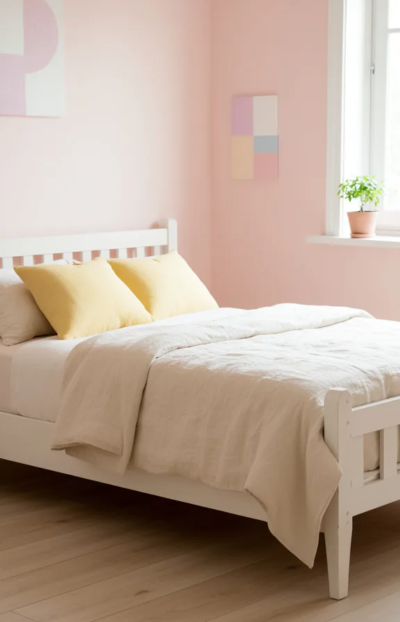 white wooden bed frame, pale yellow throw pillows
