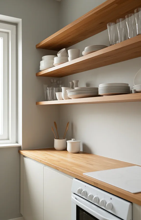 pale gray painted walls, natural wood countertops, simple white stove