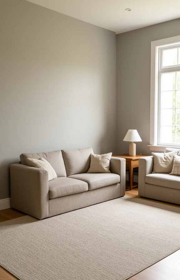 3/4 angle of a living space with neutral linen sofa arrangement in cream and taupe