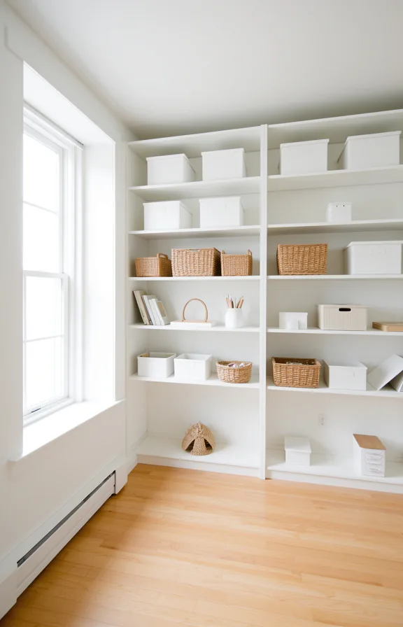 white walls, light wood flooring, minimal items stored in white containers and natural baskets