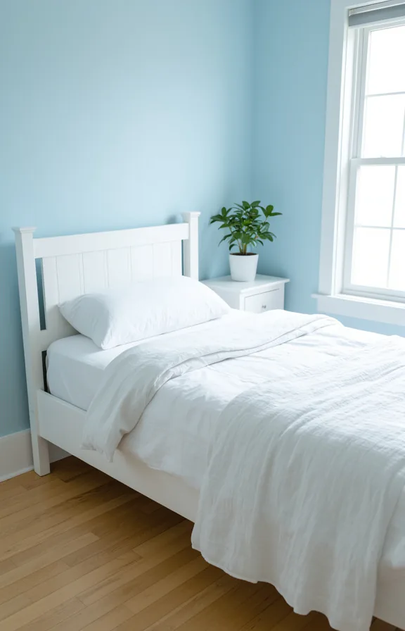 white linen bedding, white wooden furniture, light wood flooring