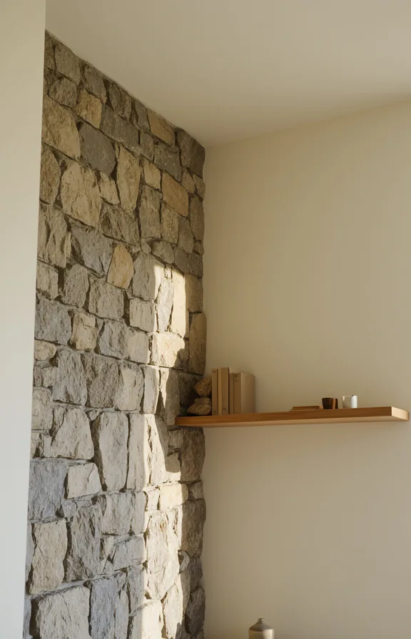 cream colored walls, simple wooden shelf with minimal items