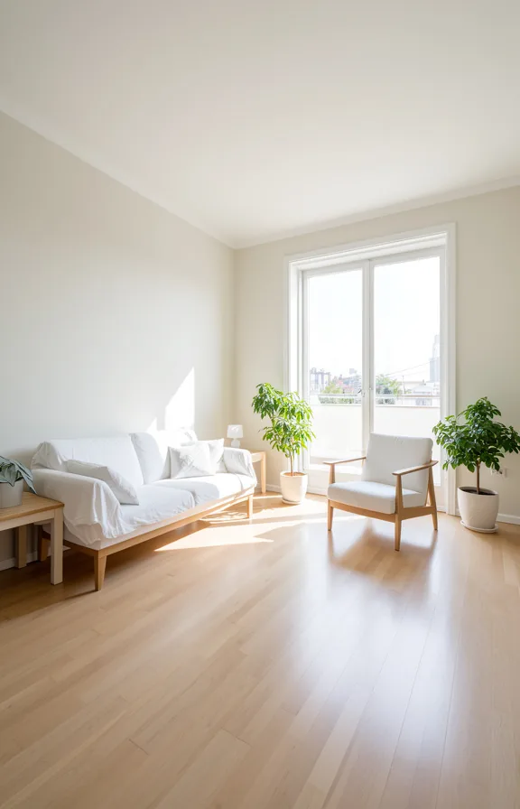 3/4 angle of an open-plan living space with pale walls