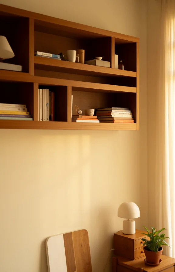 cream colored walls, wooden side table with small lamp and plant