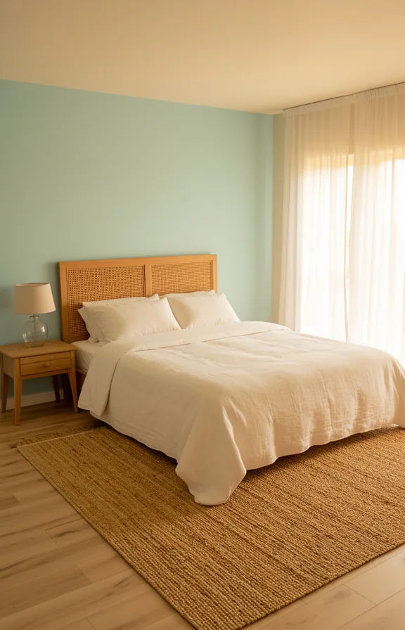 3/4 angle of a coastal-inspired bedroom with rattan headboard in natural tan