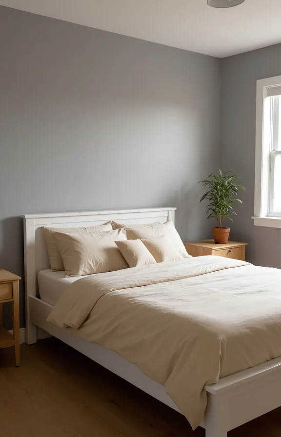 white wooden bed frame with simple lines, pale cream bedding and pillows