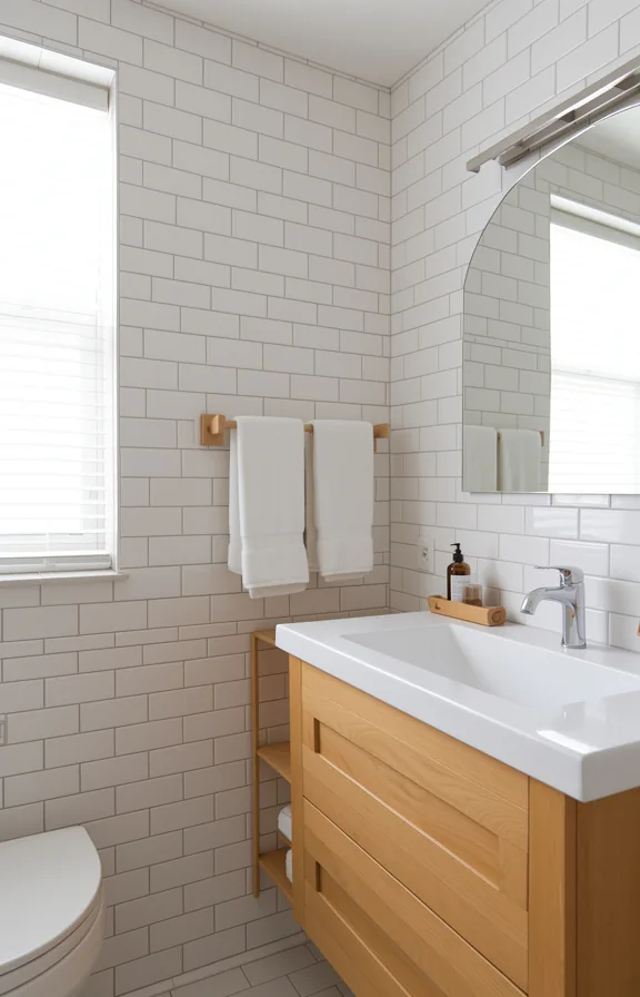 3/4 angle of a bathroom with white subway tile walls