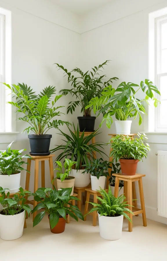white walls, simple wooden plant stands, soft morning light illuminating green foliage and leaves