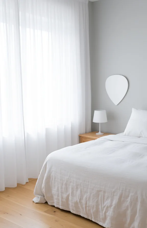pale gray walls, white linen bedding, light wood flooring