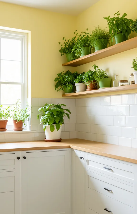 pale yellow walls, open wooden shelves displaying green potted herbs and plants