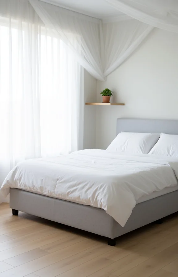 3/4 angle of a gauzy bedroom with white sheer curtains filtering soft morning light