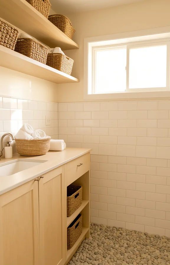 white subway tile walls, pale wood vanity, simple white towels rolled in natural jute basket
